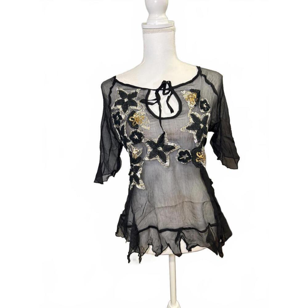 Silk Embellished Y2K Sheer Top, Large (better fits Small/Med)